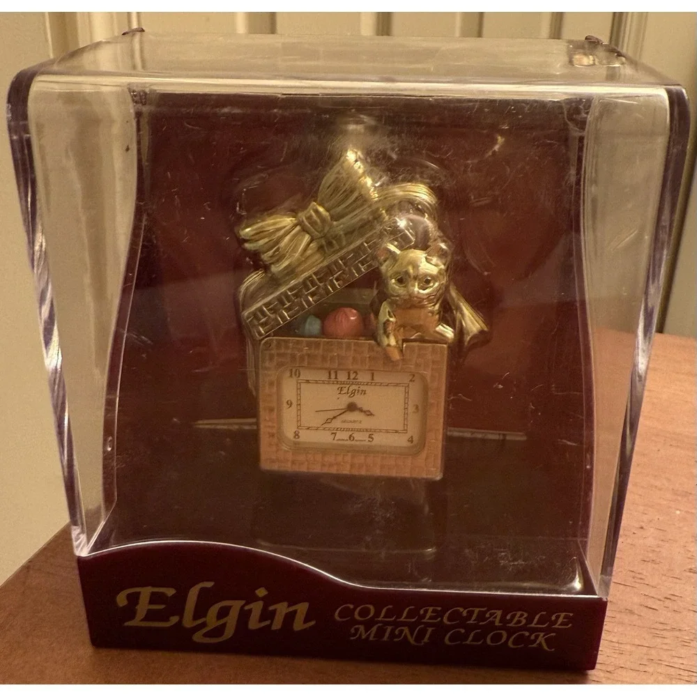 Elgin Gold Kitty Cat In Present Gift Box‎ With Bow Mini Clock In Case